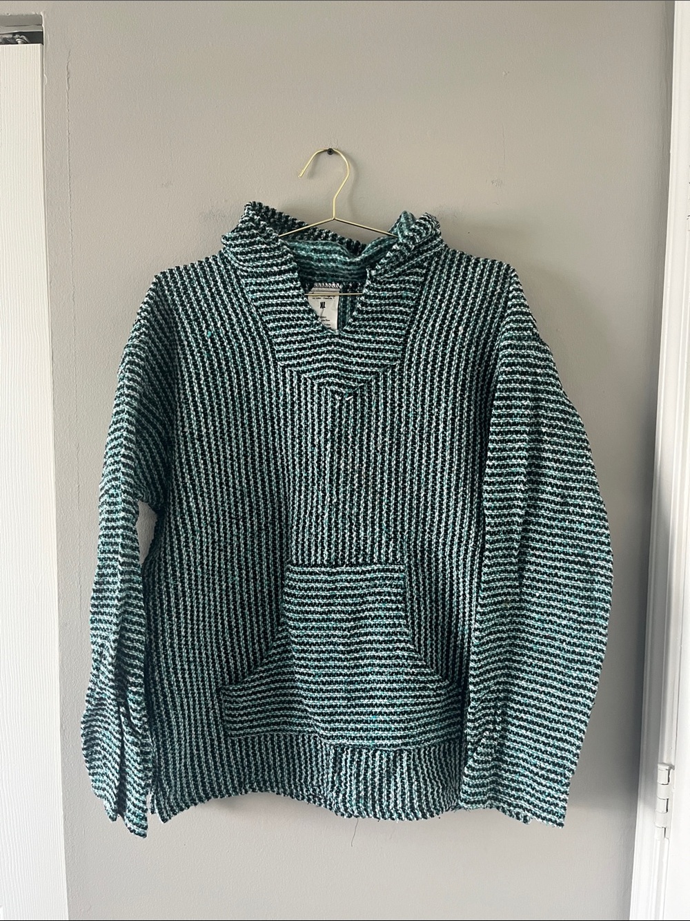 Striped Knit Hoodie Sweater - Teal & Black